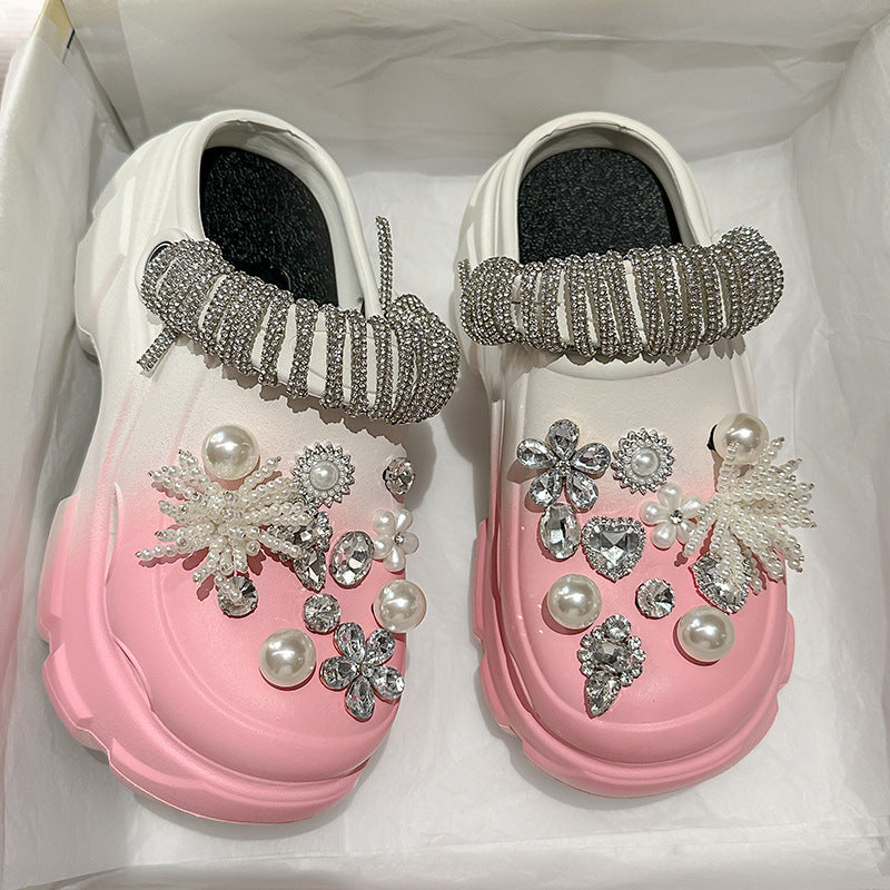 Pearl Rhinestone Chain Platform Hole Shoes Slippers