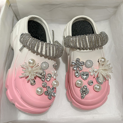 Pearl Rhinestone Chain Platform Hole Shoes Slippers