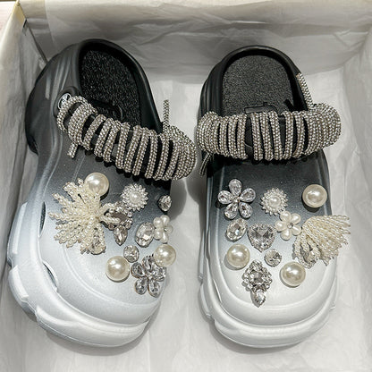 Pearl Rhinestone Chain Platform Hole Shoes Slippers