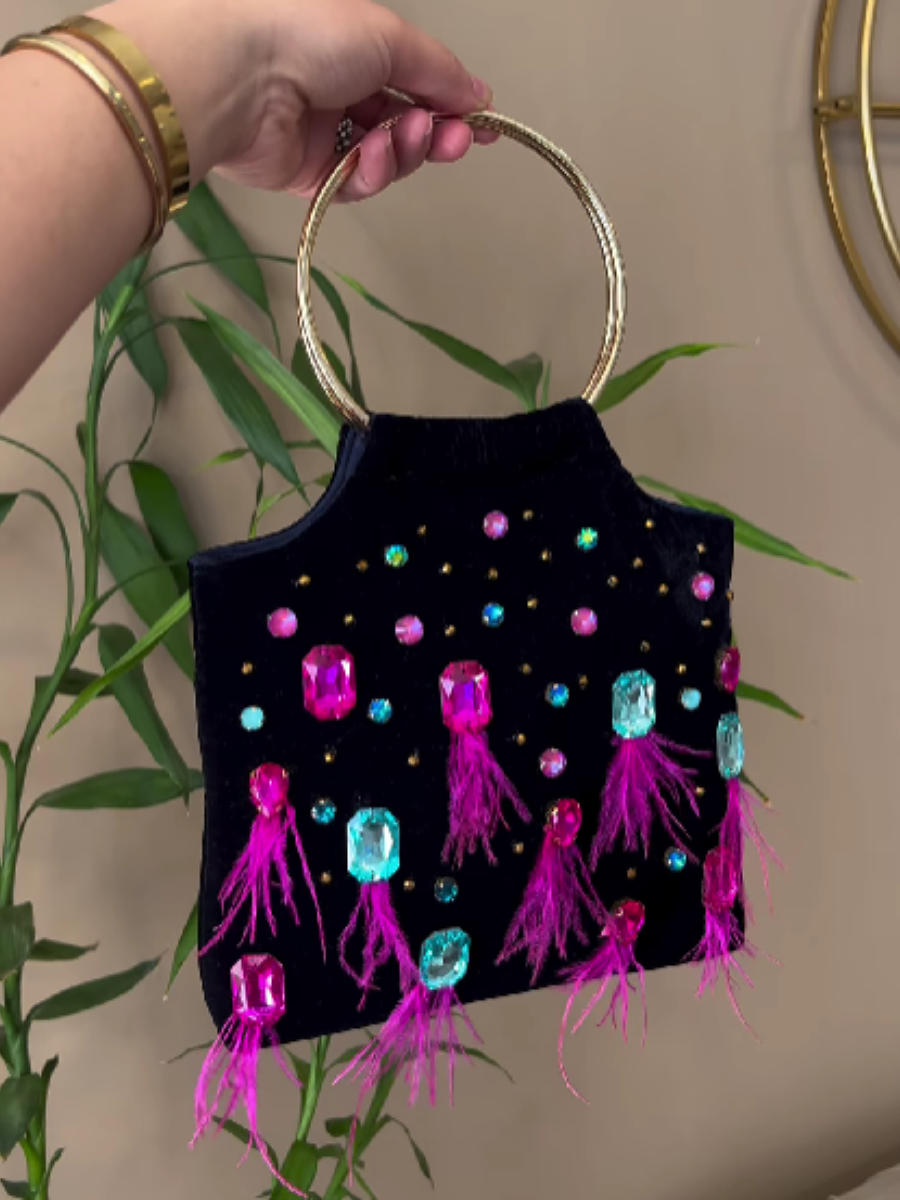 Colored Jewel Plush Tassel Tote