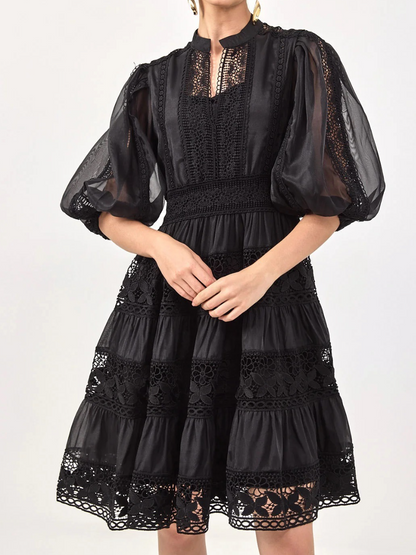 Elegant Lantern Sleeve Holiday Lace Dress